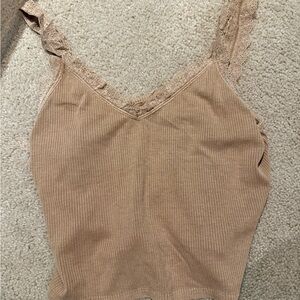 Lace Trim Ribbed Tan Top